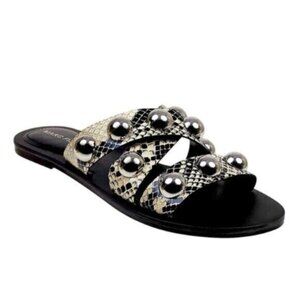 NEW Marc Fisher Beige & Black Snakeskin Studded Flat Slide Sandals 8.5M